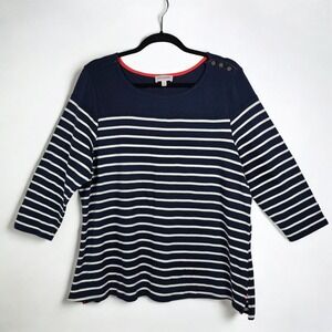 Molly & Isadora Knit Top Plus Size 1X Navy White Stripe 3/4 Sleeve Boat Neck NWT